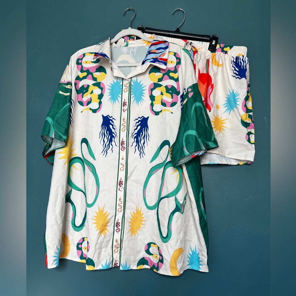 Floerns Plus Size 2 Piece co-ord Tropical Print Top & Shorts Set